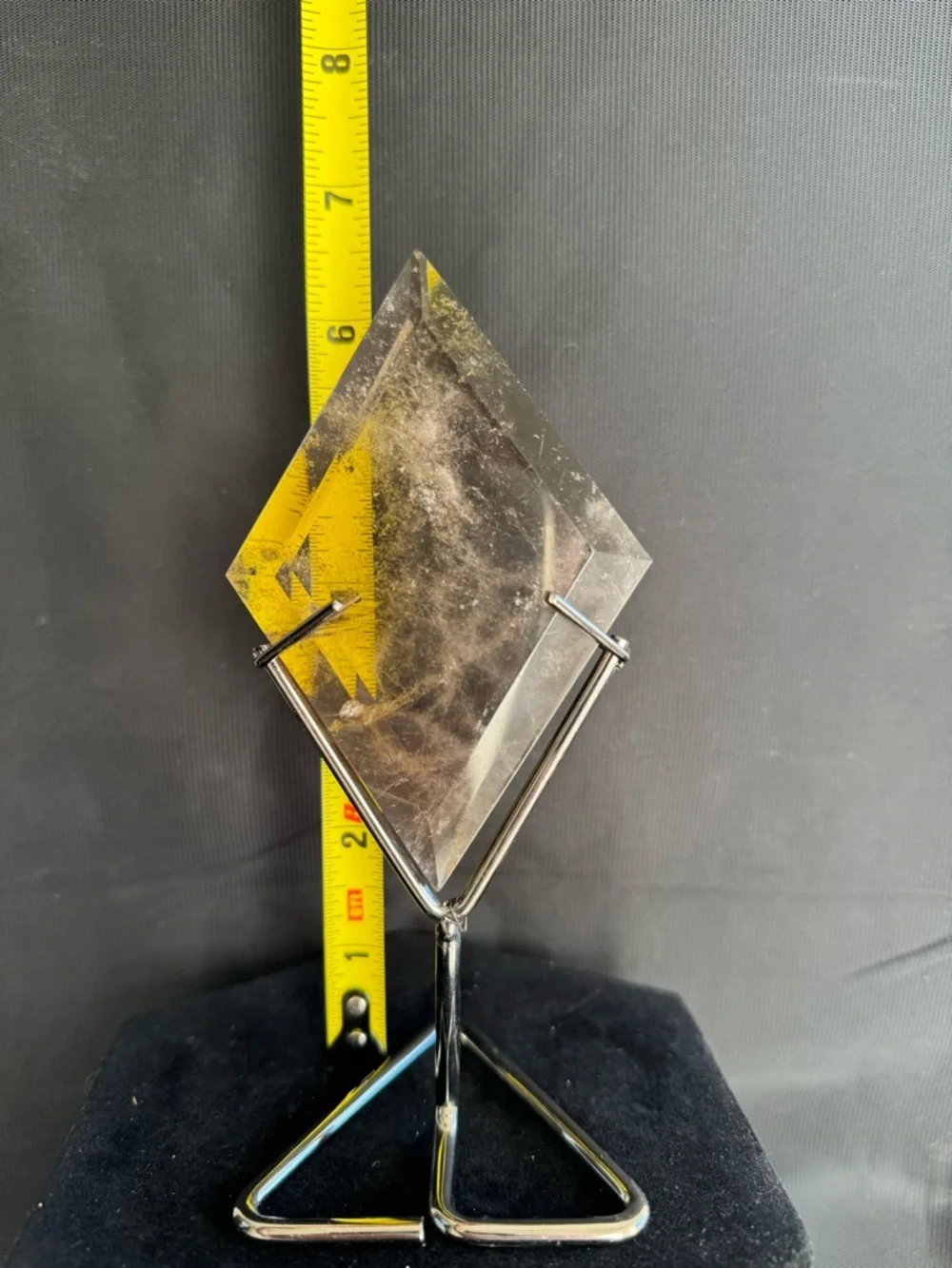 Smoky Quartz Crystal Faceted Diamond on Metal Stand